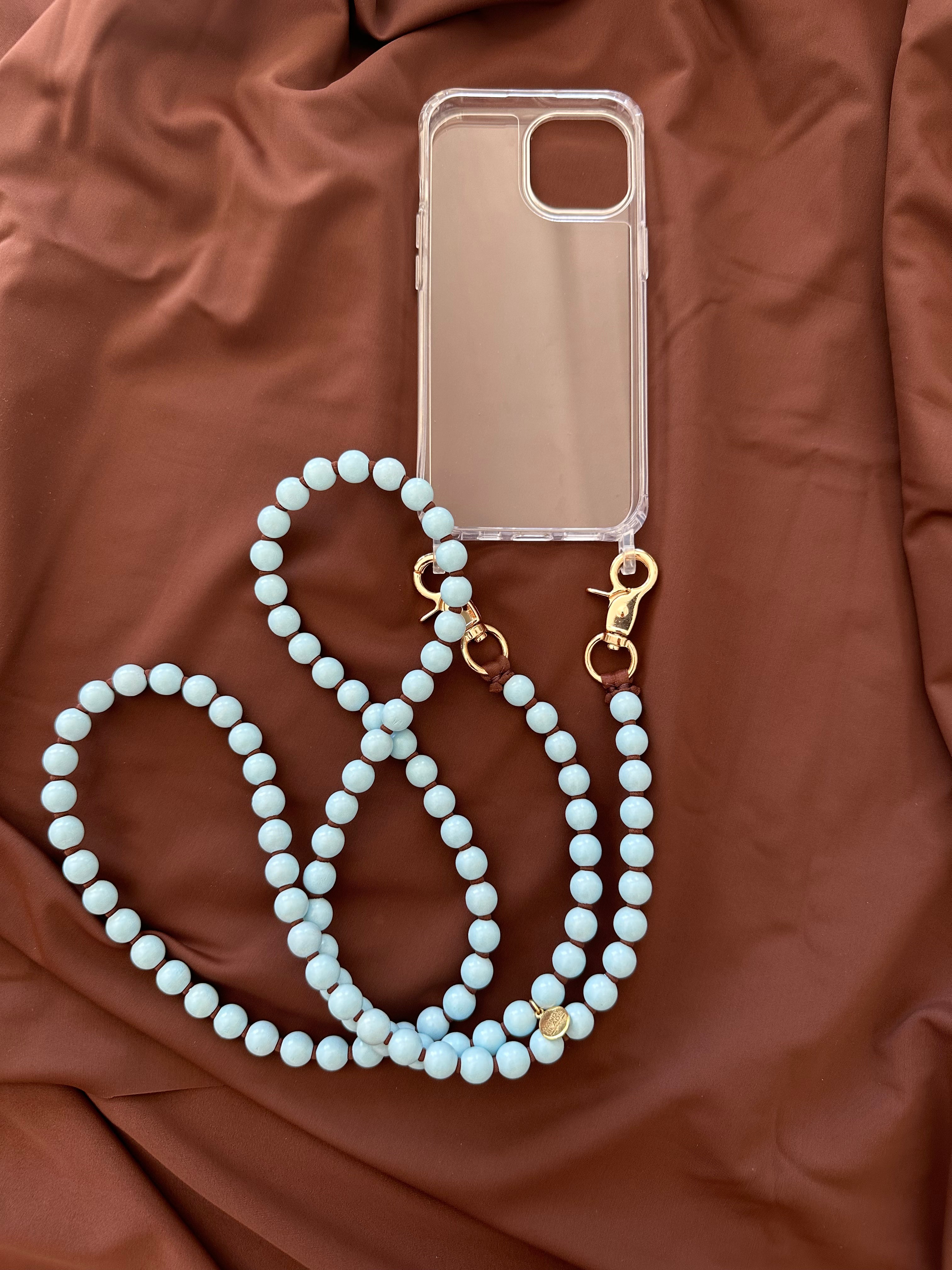 Beaded Phone Chain - Light Blue with Brown Thread  Handy Beads