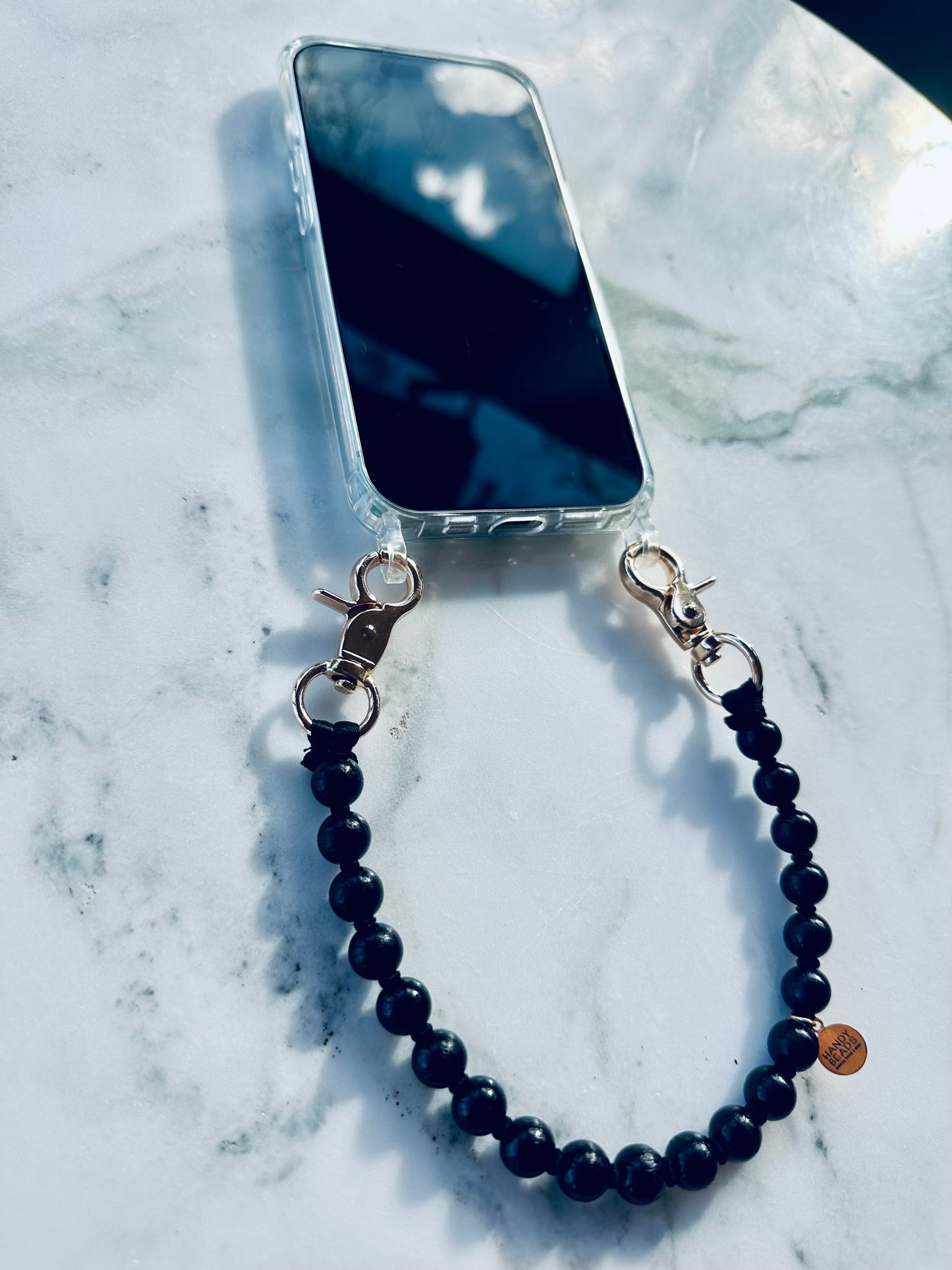 Phone Case with short Beaded Chain - Black beads with black thread