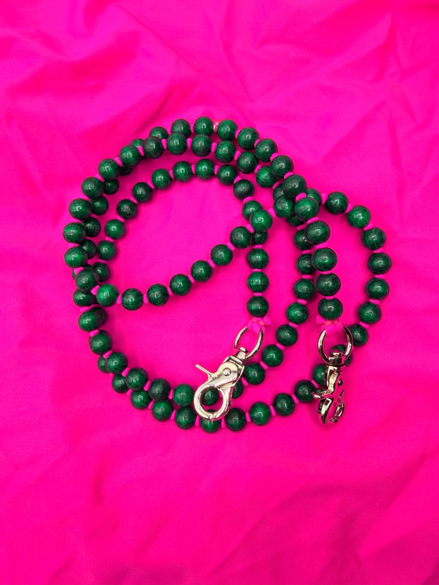 Beaded Phone Chain - Green with Magenta Thread