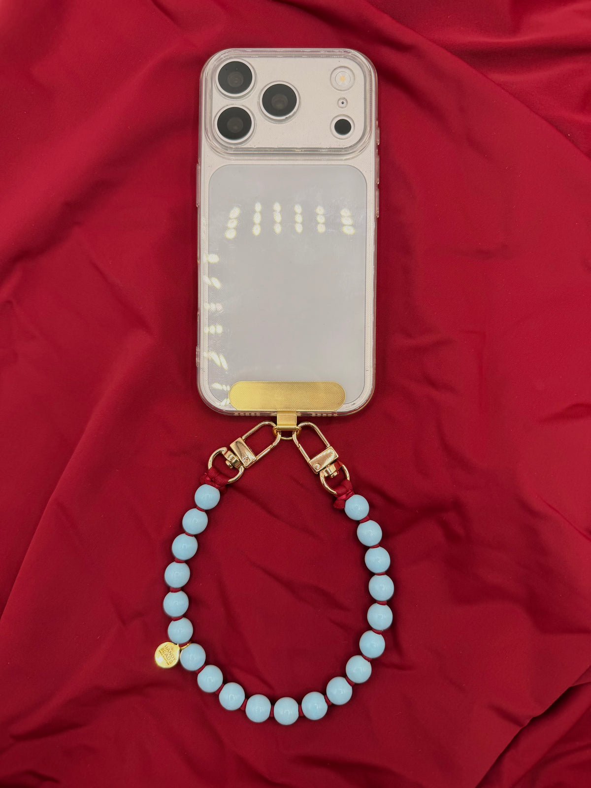 Phone Case with short Beaded Chain - Light Blue Beads with Burgundy Thread