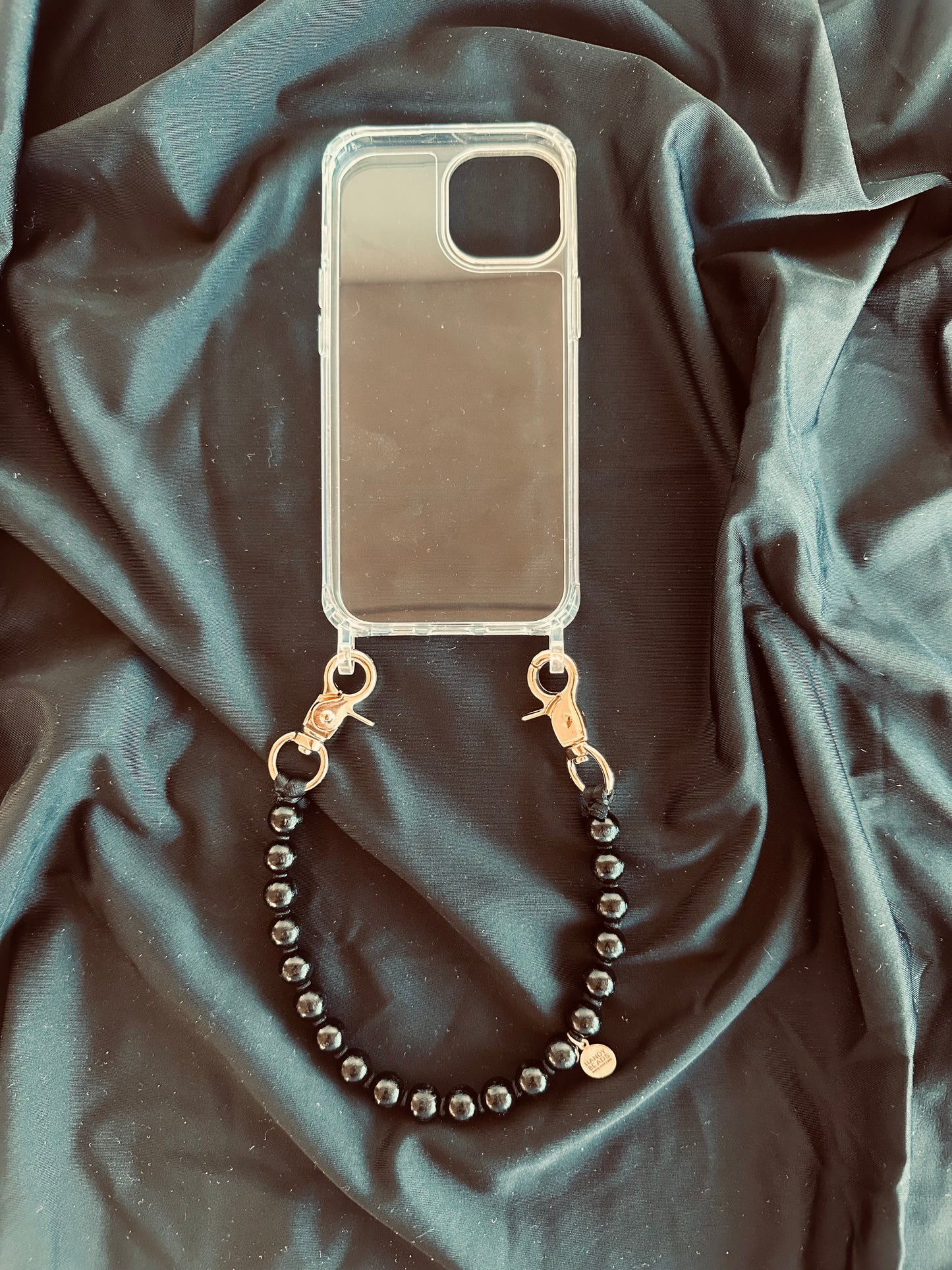 Phone Case with short Beaded Chain - Black beads with black thread