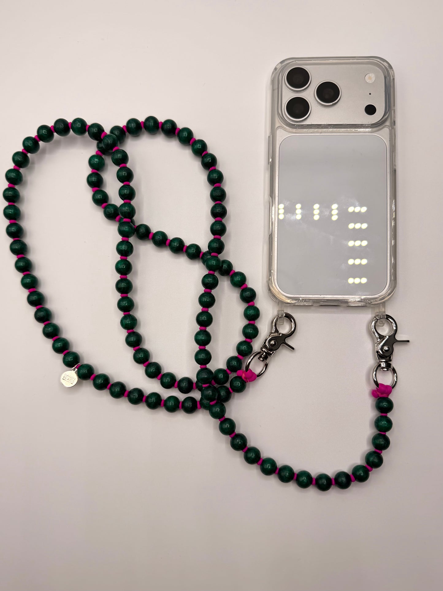 Beaded Phone Chain - Green with Magenta Thread