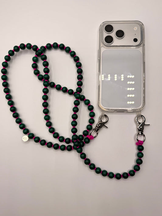 Beaded Phone Chain - Green with Magenta Thread