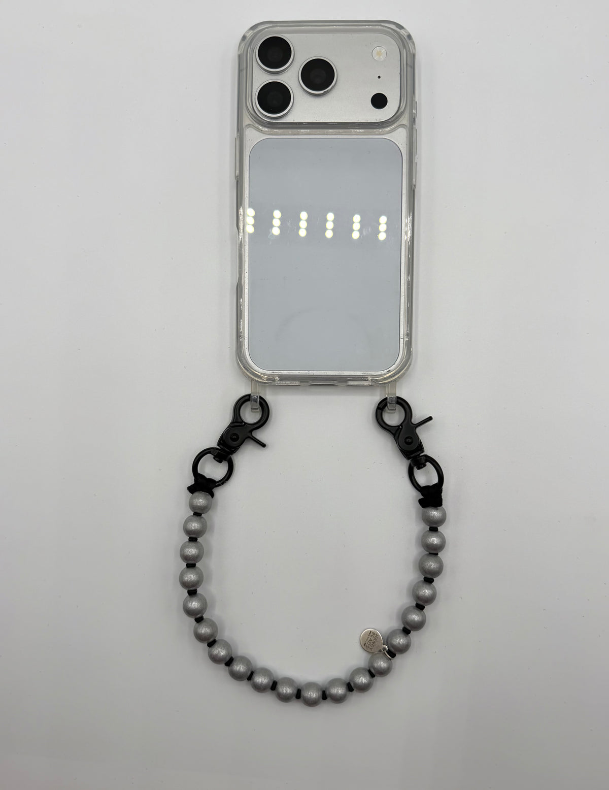 Phone Case with short Beaded Chain - Silver beads with Black thread