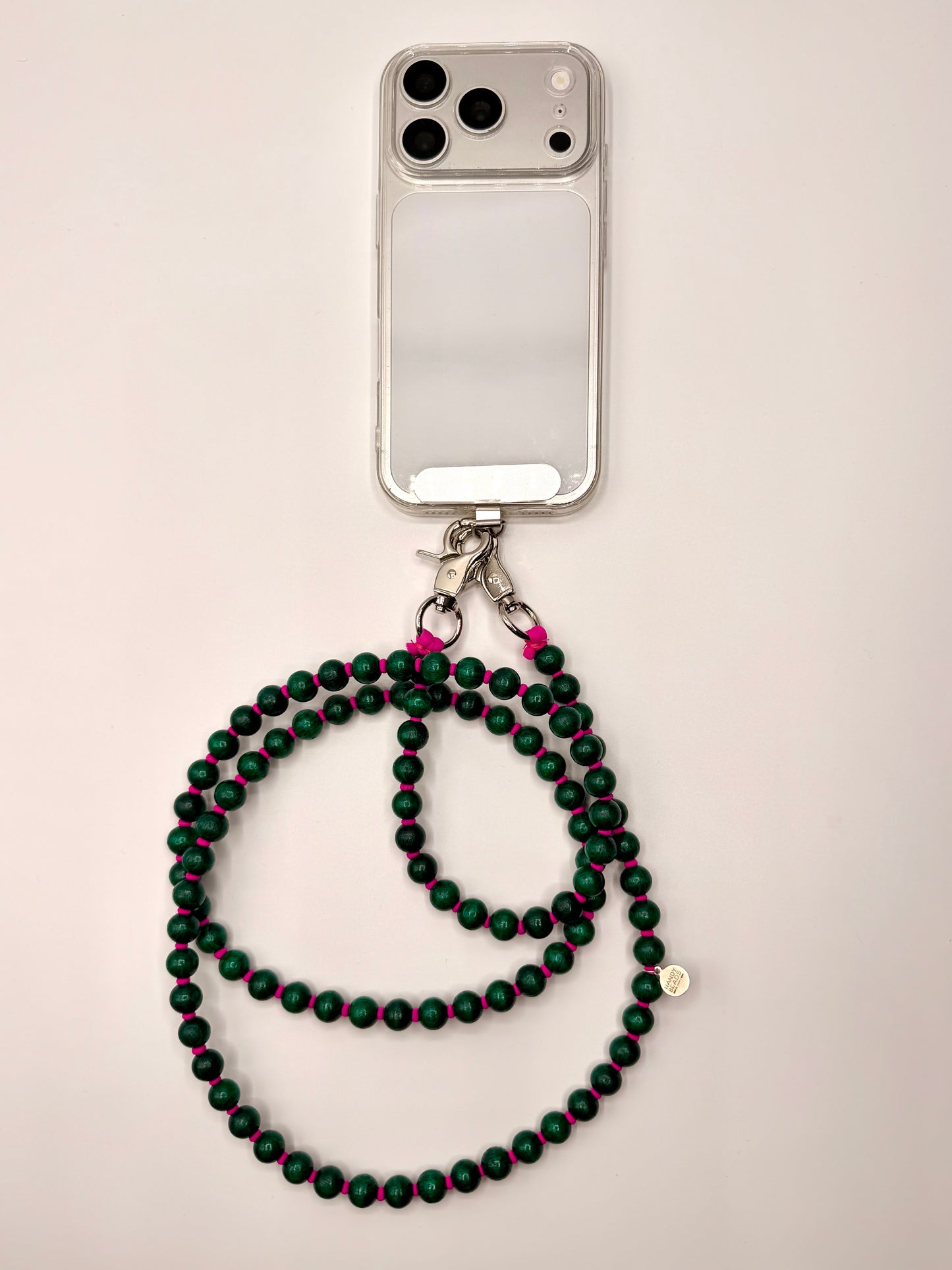 Beaded Phone Chain - Green with Magenta Thread