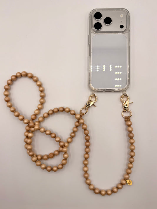 Beaded Phone Chain - Beige (natural wood) with Beige Thread