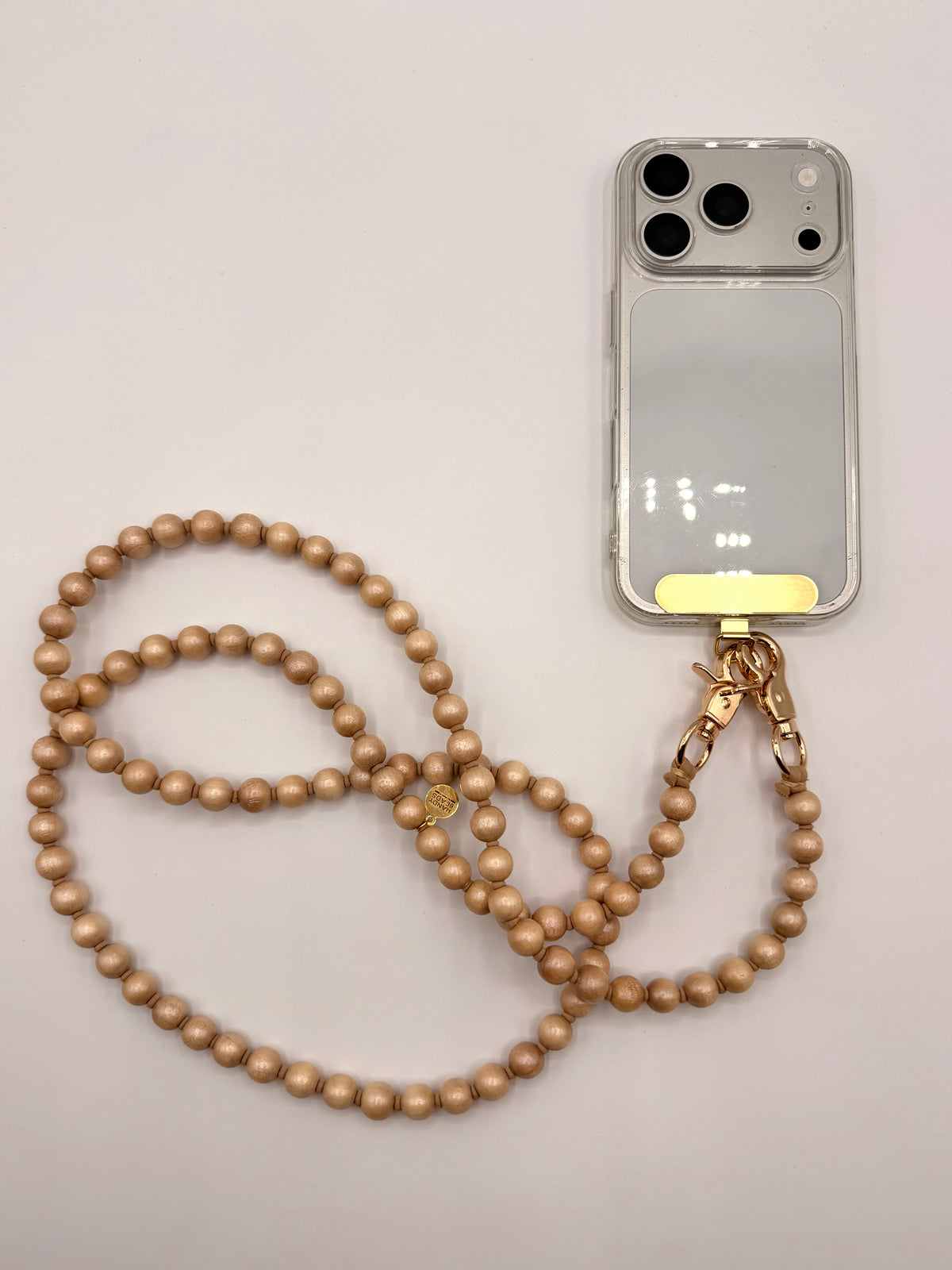 Beaded Phone Chain - Beige (natural wood) with Beige Thread