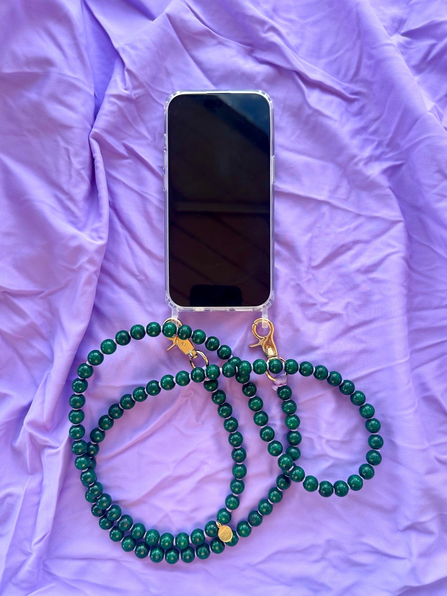 Phone Case with Beaded Chain - Dark Green with Lilac Thread