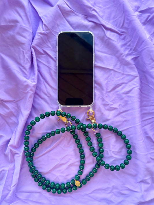 Phone Case with Beaded Chain - Dark Green with Lilac Thread