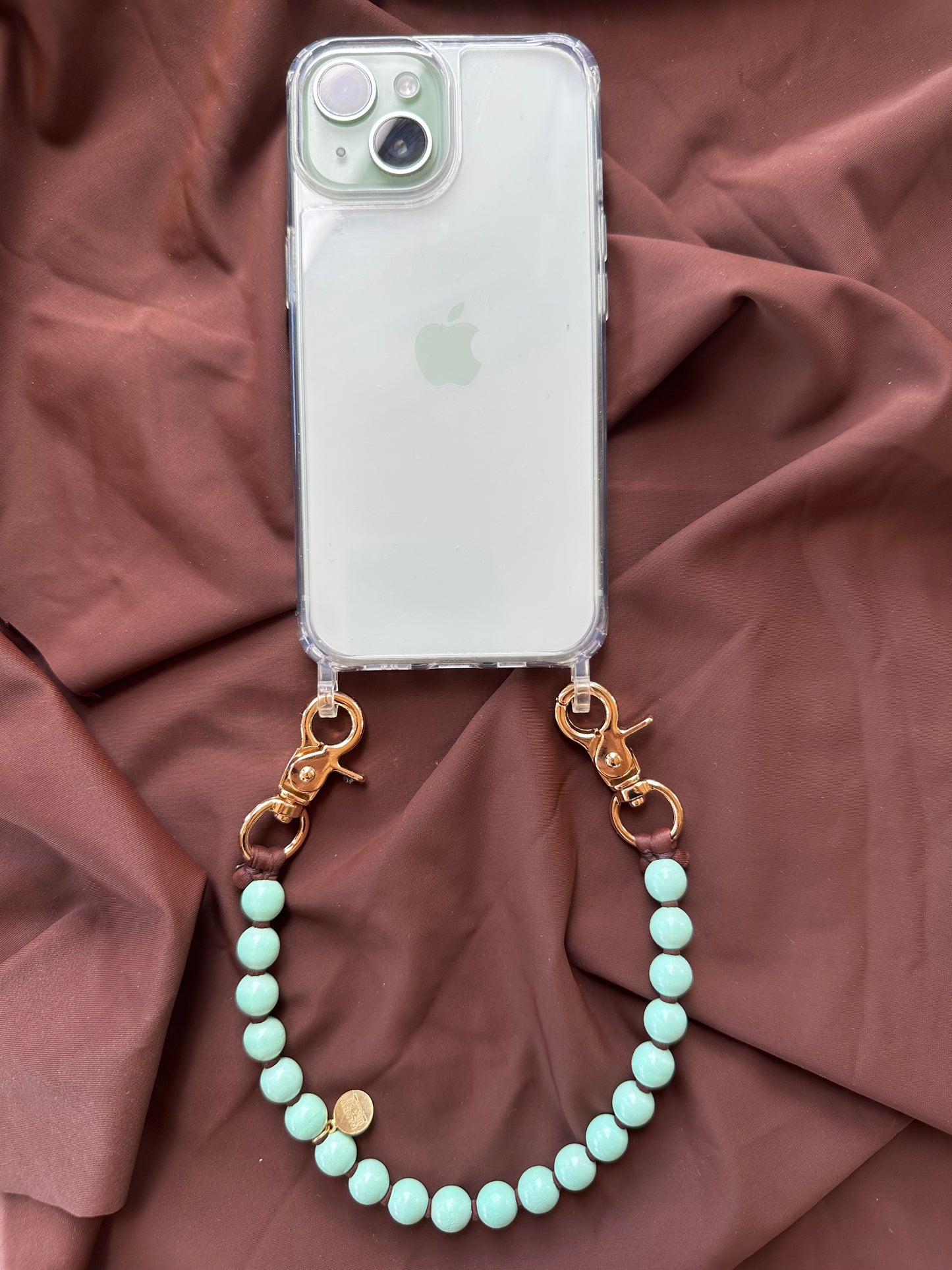 Phone Case with short Beaded Chain - mint green beads with brown thread