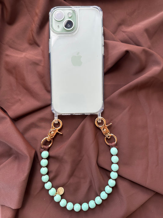 Phone Case with short Beaded Chain - mint green beads with brown thread