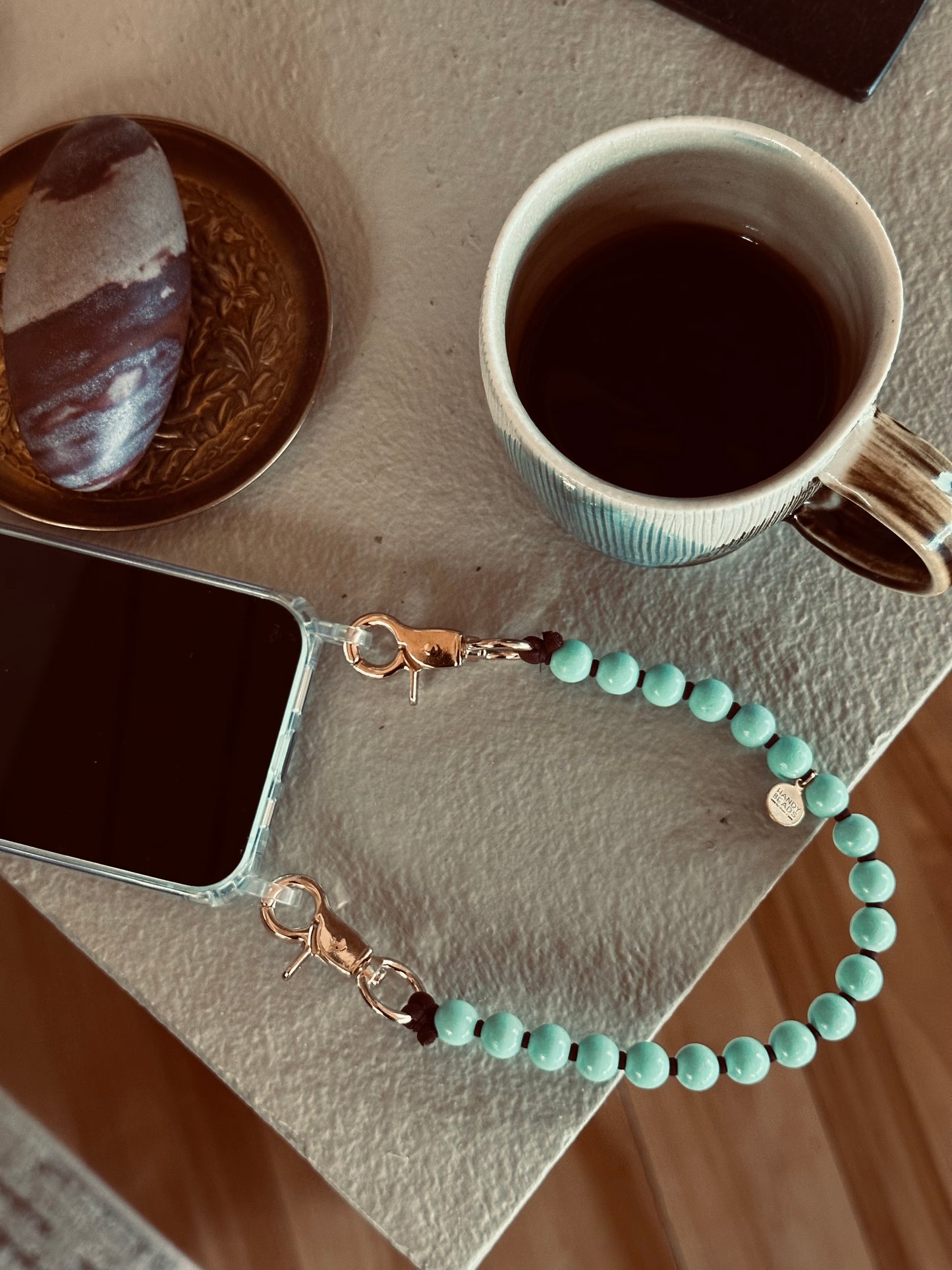Phone Case with short Beaded Chain - mint green beads with brown thread