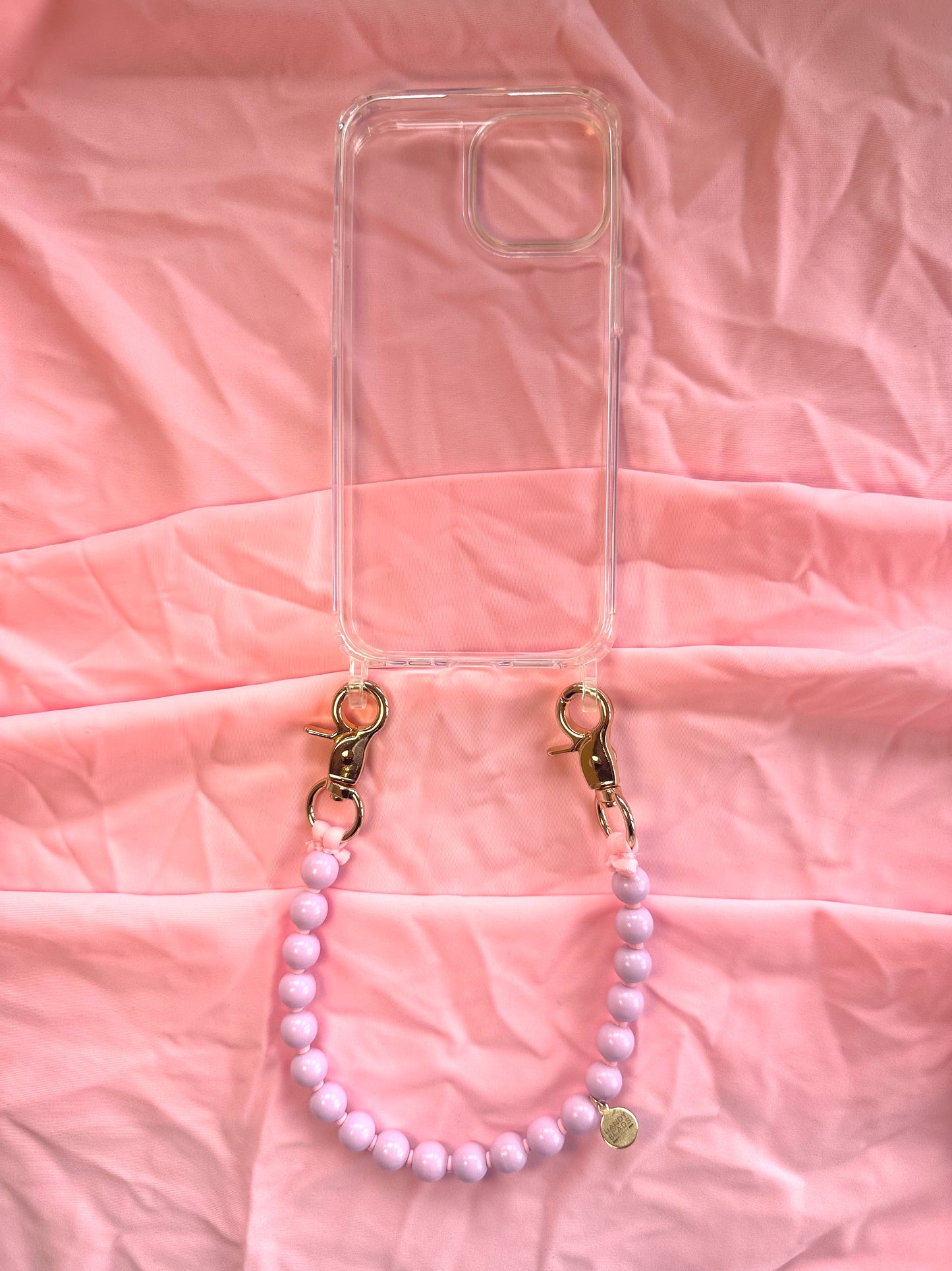 Phone Case with short Beaded Chain - Pink beads with pink thread