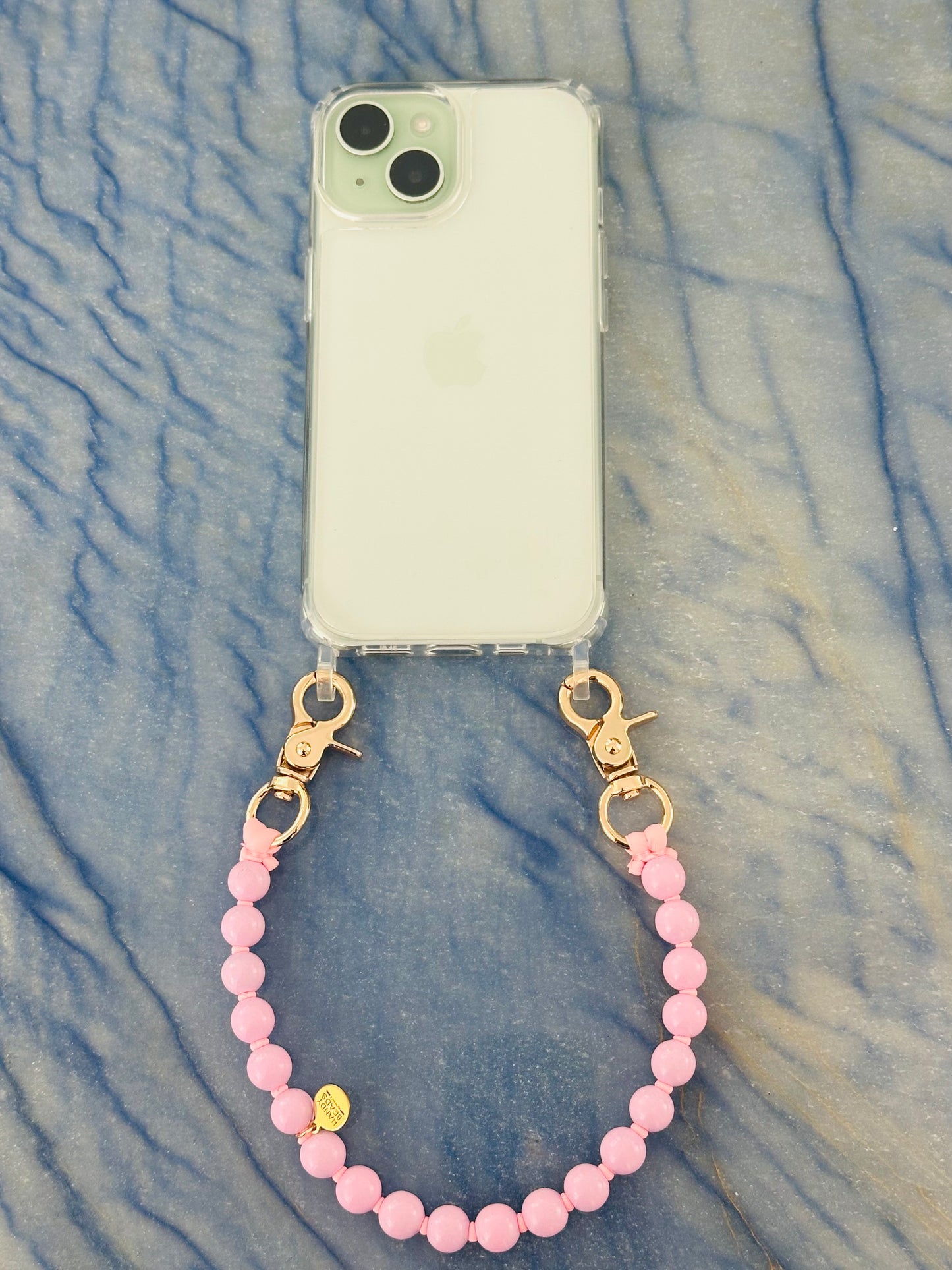 Phone Case with short Beaded Chain - Pink beads with pink thread