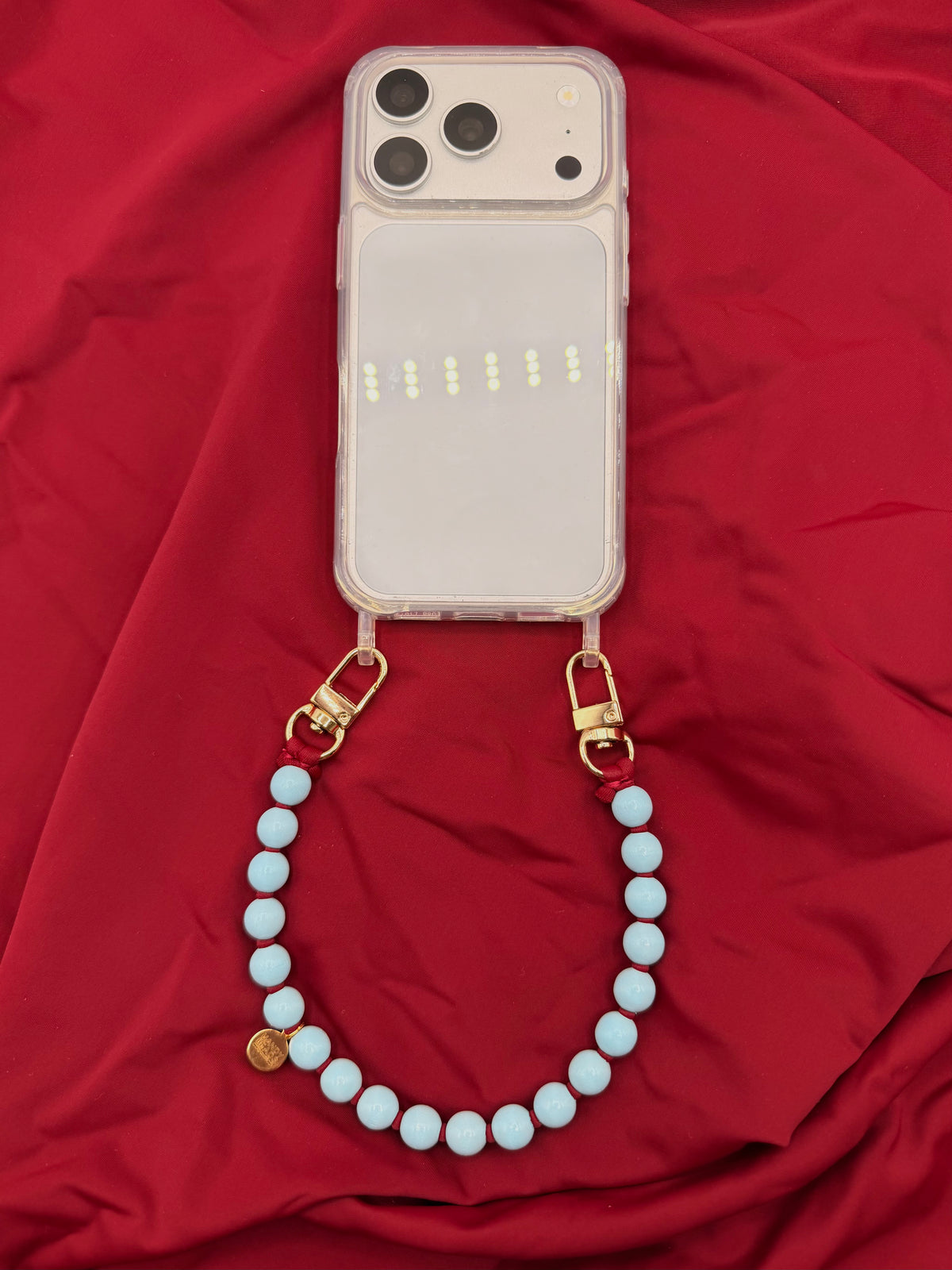 Phone Case with short Beaded Chain - Light Blue Beads with Burgundy Thread