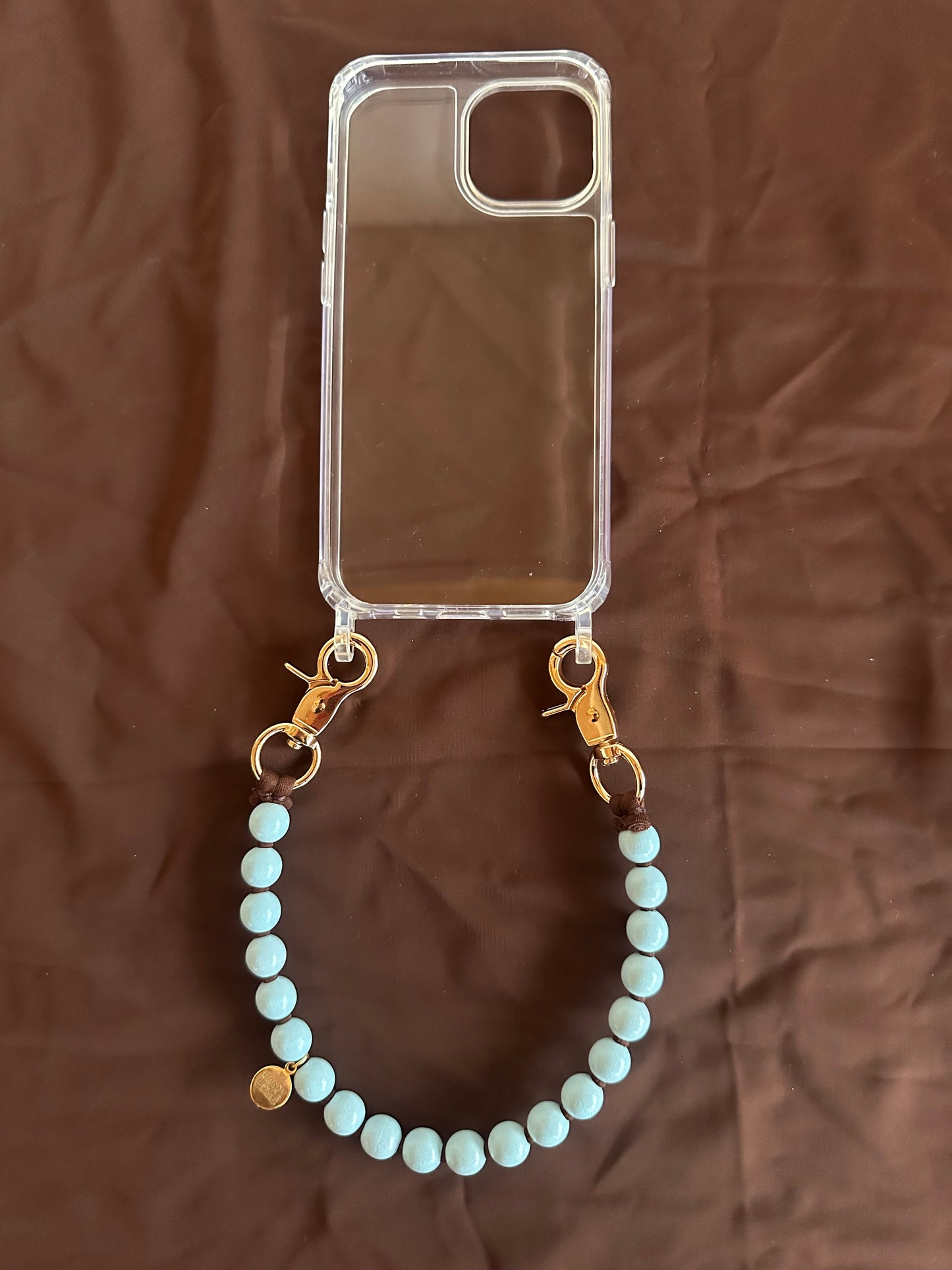 Phone Case with short Beaded Chain - Light blue beads with brown thread
