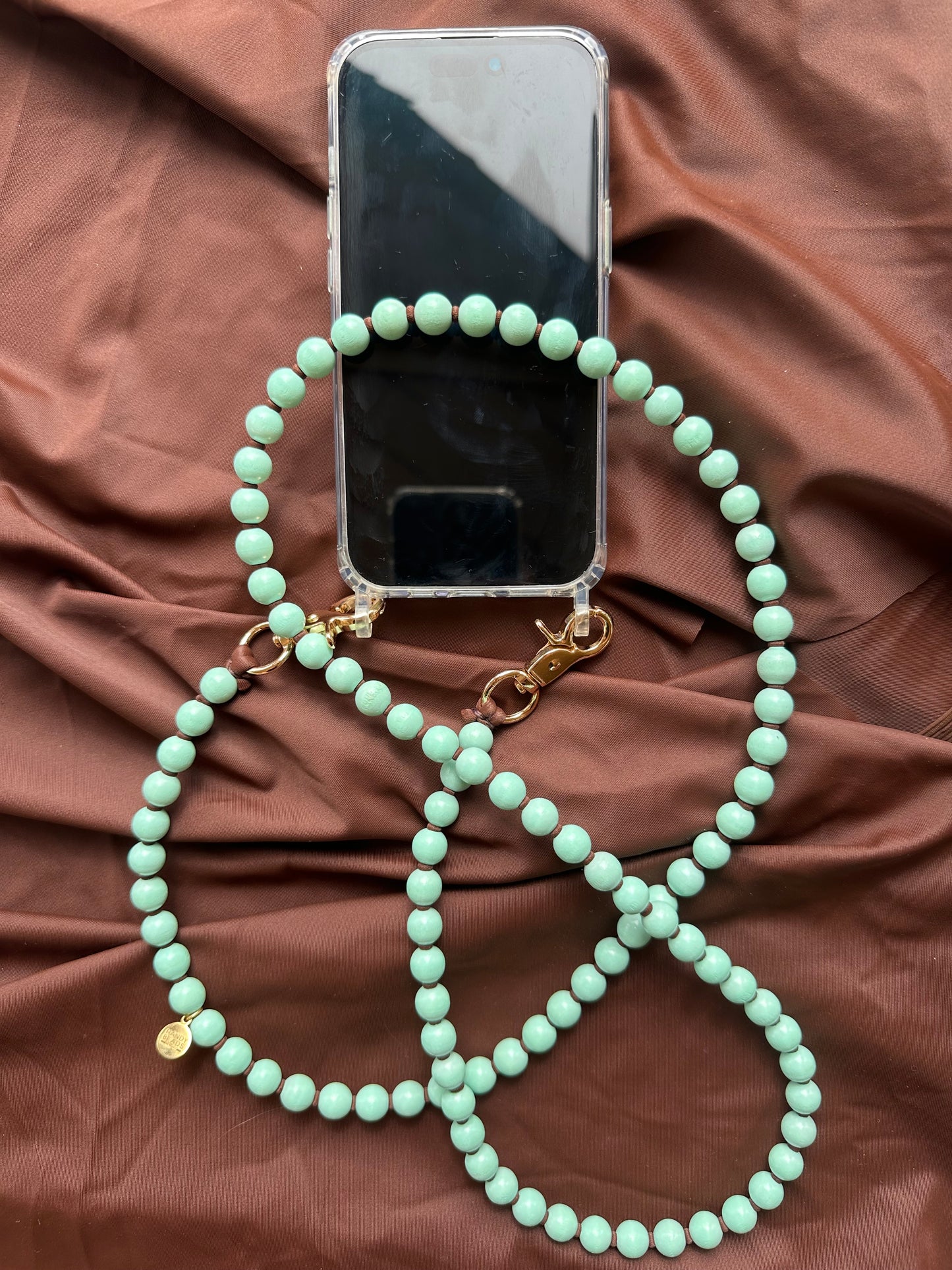 Beaded Phone Chain - Mint with Brown Thread