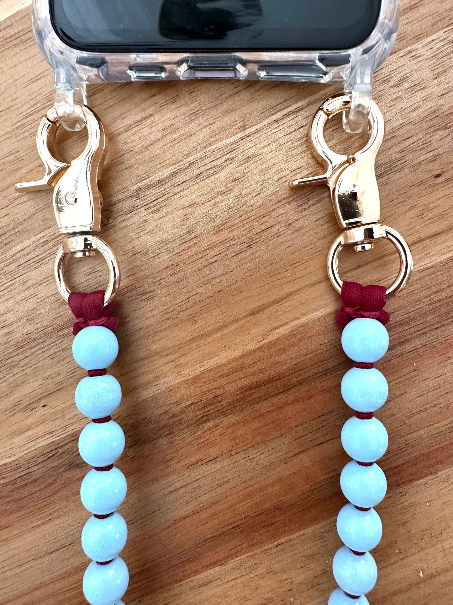 Phone Case with Beaded Chain - Light Blue with Burgundy Thread