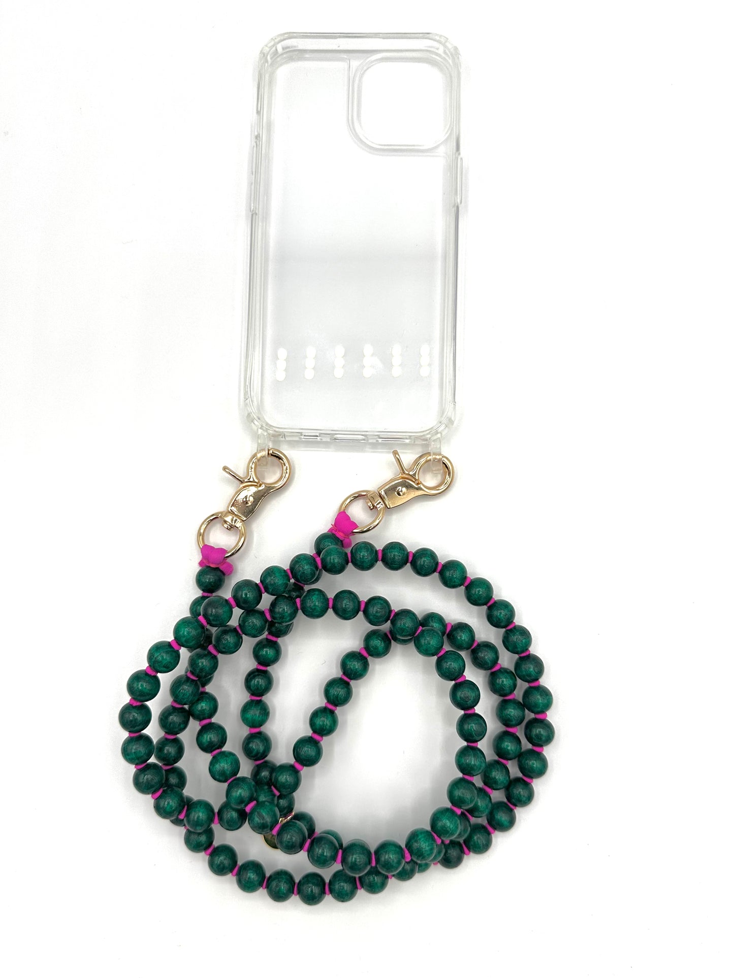 Phone Case with Beaded Chain - Green with Magenta Thread