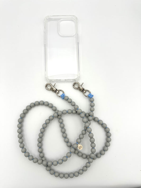 Phone Case with Beaded Chain - Grey with Light Blue