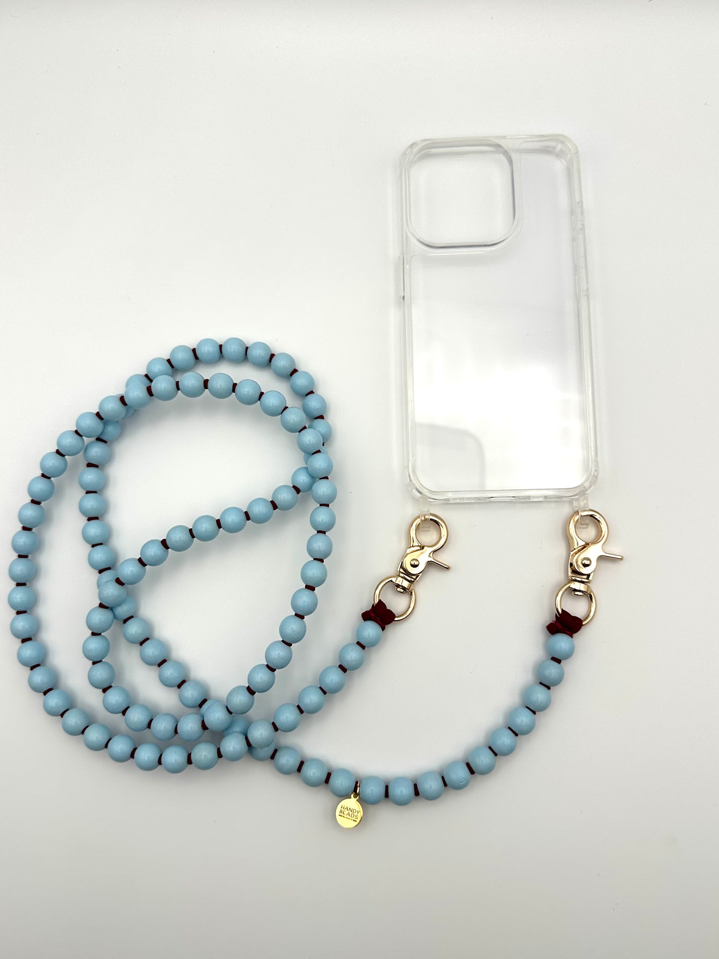 Phone Case with Beaded Chain - Light Blue with Burgundy Thread