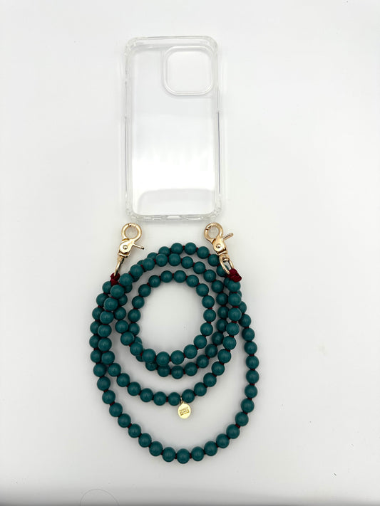 A dark turquoise  beaded crossbody phone chain with burgundy thread and golden swivel clasps, displayed on a white background