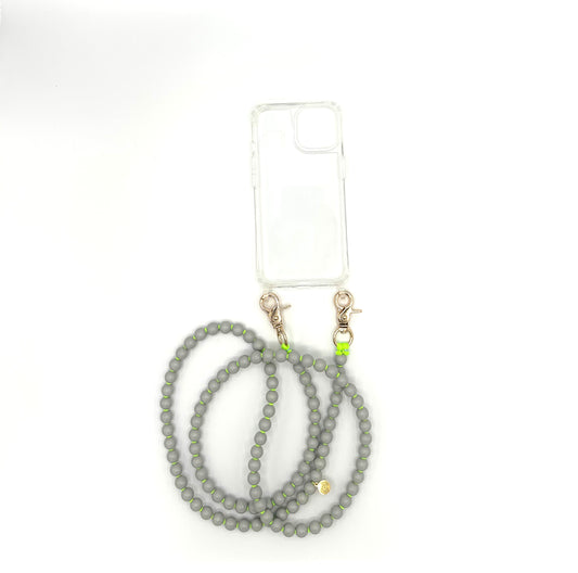 A grey beaded crossbody phone chain with neon yellow thread and golden swivel clasps, displayed on a white background