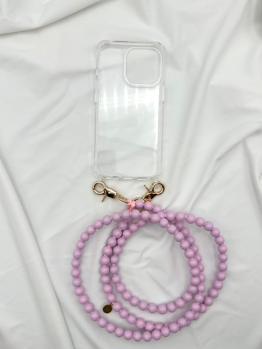 A pink beaded crossbody phone chain with pink thread and golden swivel clasps, displayed on a white background