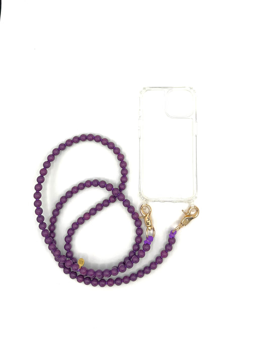 A purple beaded crossbody phone chain with purple thread and golden swivel clasps, displayed on a white background