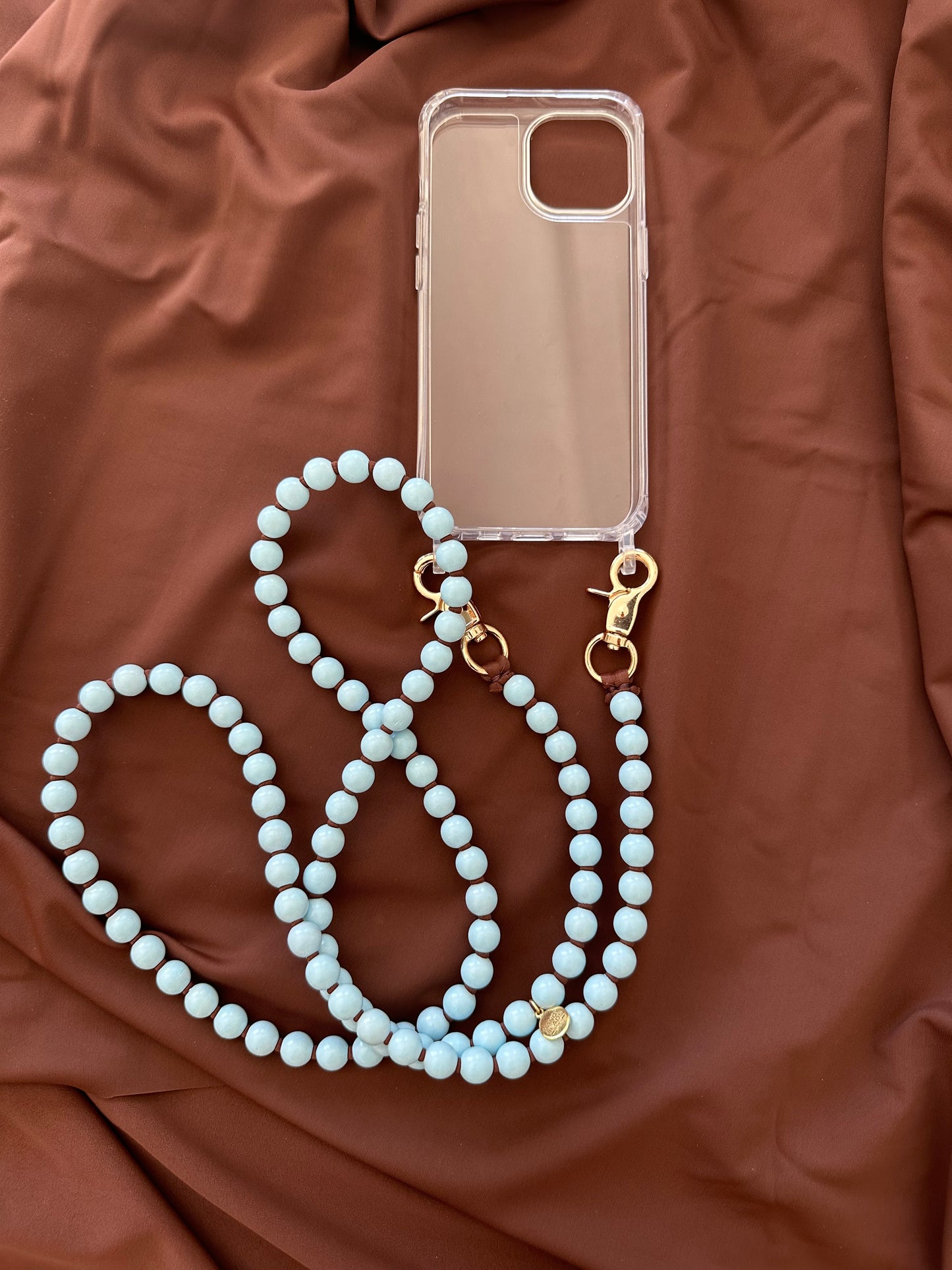 Phone Case with Beaded Chain - Light Blue with Brown Thread