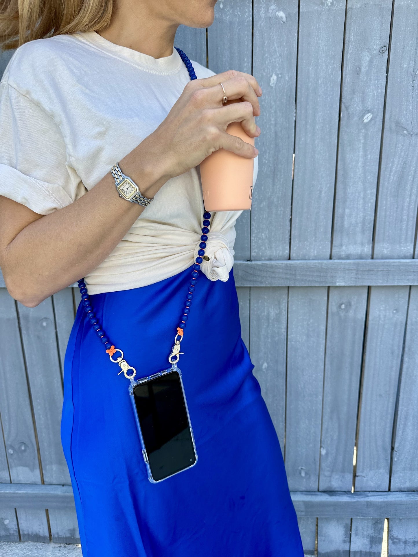 Phone Case with Beaded Chain - Dark Blue with Orange